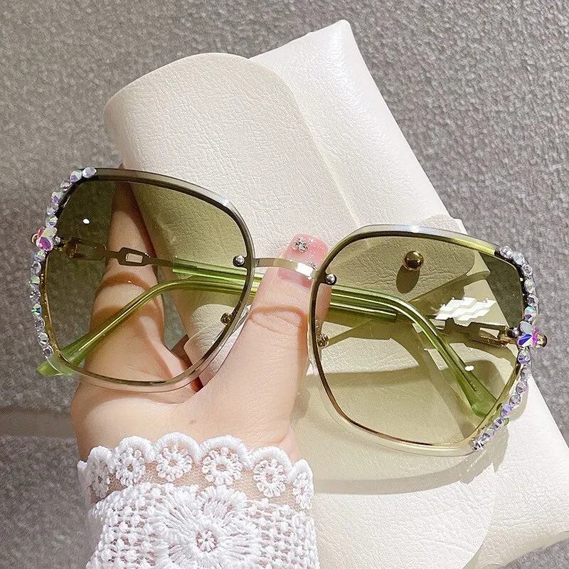 Gafas de Sol de moda sin montura de diamantes de imitación para mujer, gafas de sol con gradiente casual para verano, UV400