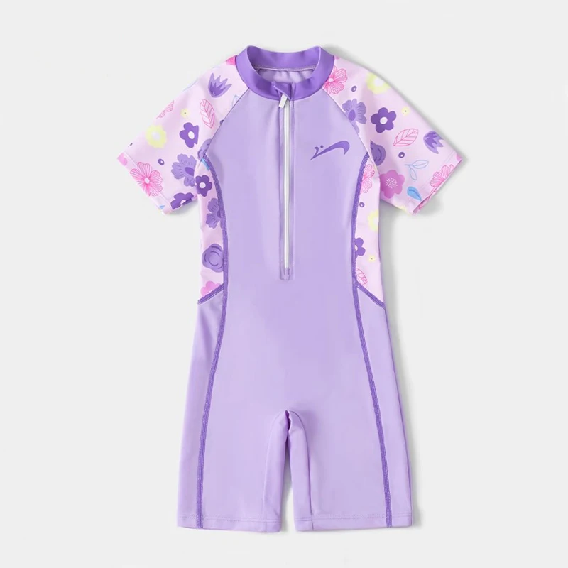 

One Piece Front Zipper Swimming Suit For Grils Swimwear Bathing Suit Kids Swimsuit Short Sleeve Beachwear Style Plus Size