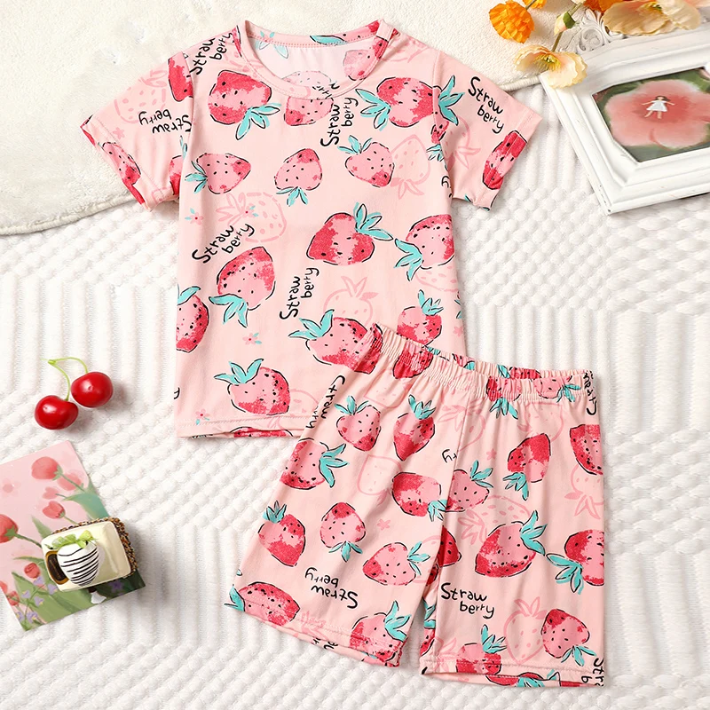 2-pcs Children's Summer Fashion Print Home Clothes Suit Boy Comfortable Joker Dinosaur Short-sleeved Girl Sweet Pink Shorts Suit