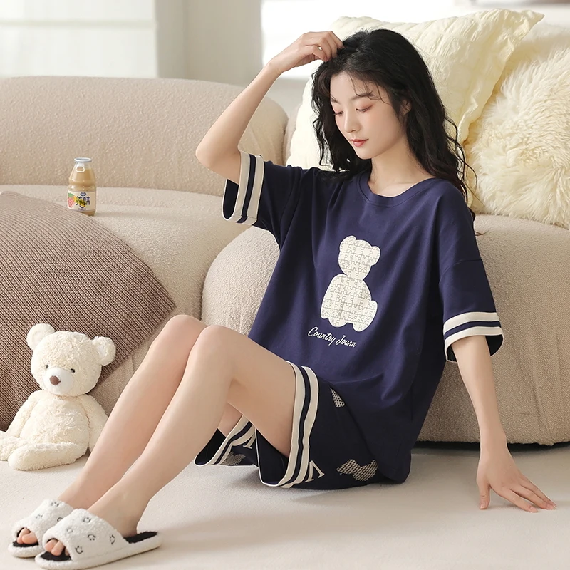 Women Pajamas Sets Soft Homewear Summer Knit Cotton Short Sleeves Shorts Pyjamas Cute Cartoon Sleepwear Female Pijamas Mujer