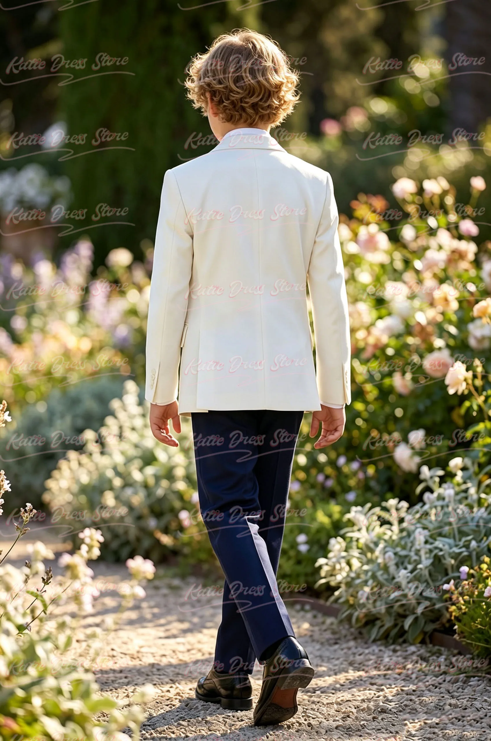 Boys Ivory Double-Breasted Blazer Navy Trousers 2-piece Suit Teen Wedding Performance Prom Formalwear Classic Slim Customized