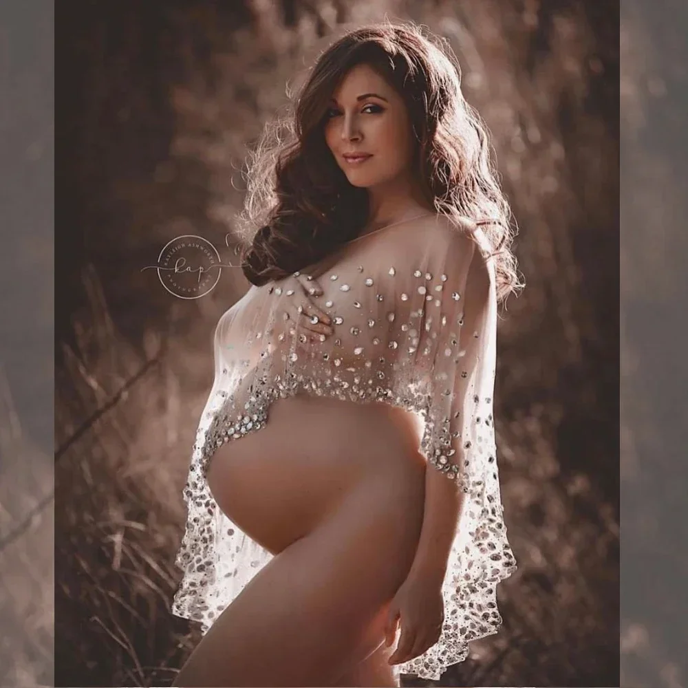 Pregnant Women's Cloak Dress Shiny Rhinestone Photography Props Sexy Transparent Gauze Luxurious Props Maternity Photos