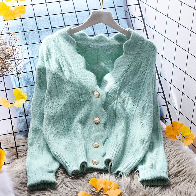 

Elegant V-Neck Knitted Cardigan Long Sleeved Pearl Buttons Solid Color Sweater Spring Autumn Women Knitwear Tops 2023 New