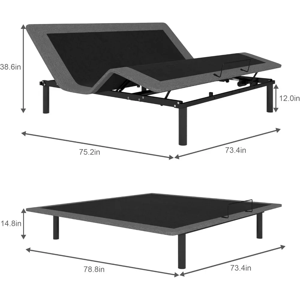 إطار سرير قابل للتعديل بحجم كينج مع أرجل قابلة للتعديل، وقاعدة سرير كهربائية، ومنحدر مستقل للرأس والقدم، ومغطاة بالقماش