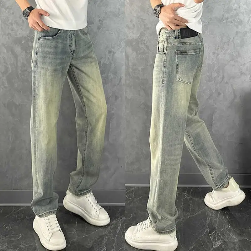 2024 Summer Men's Washed Jeans Blue Trendy Men's Long Pants Slightly Wide Mid-waist Elastic Straight Casual Pants Low Rise Jeans