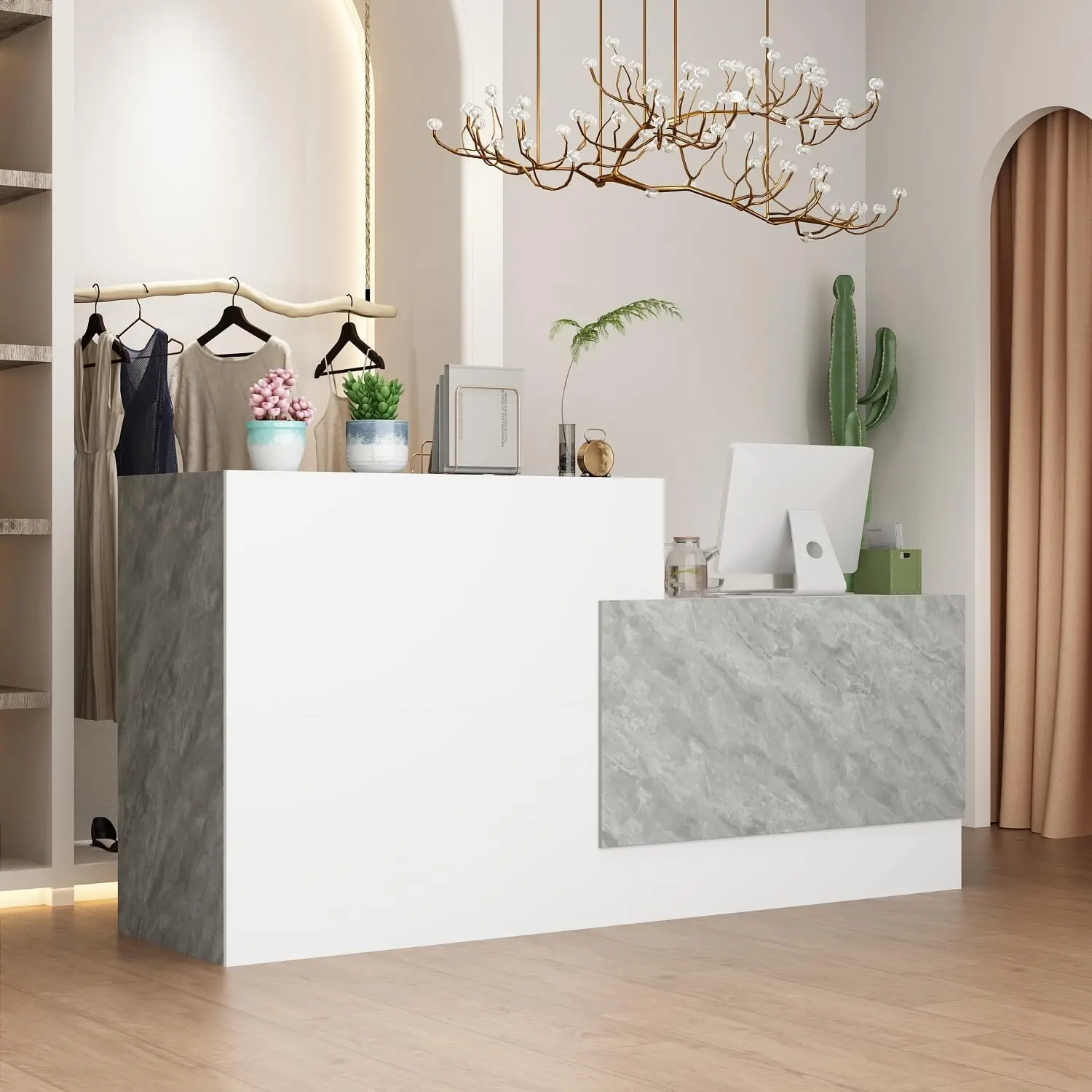 

Homsee Modern Reception Desk Office Desk With Storage Shelves & Marble Texture, Retail Counter Front Desk Table For Checkout &