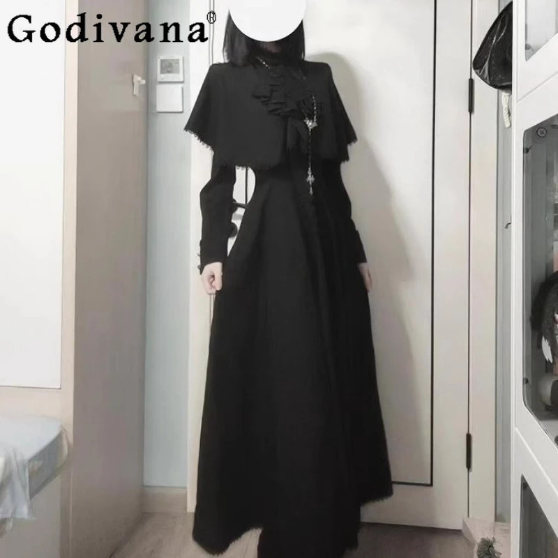 

Japanese Gothic Style Lady Design Shawl and Dress Set Girls Waist Cinching Lolita Dress Two Piece Suit Women Black Elegant Dress