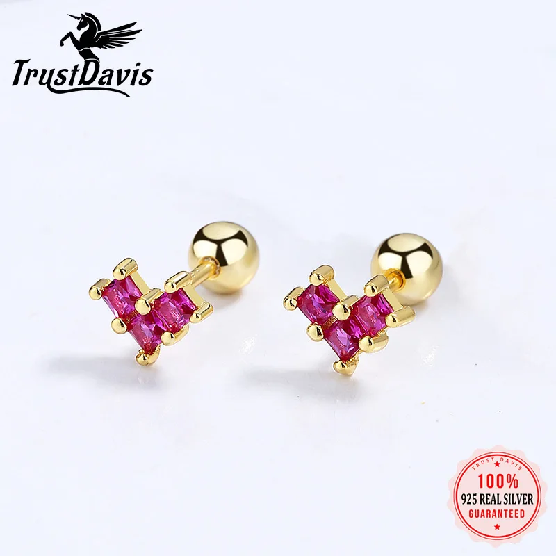 

TrustDavis Real 925 Sterling Silver Heart CZ Beads Screw Stud Earring For Women Wedding Anniversary Fine Original Jewelry DA2783