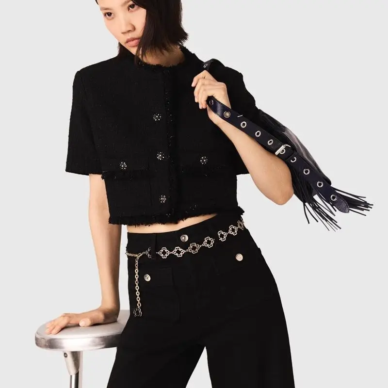 

MaSande Spring Women's Faion Tweed Jaet with Button Decoration And Fringe Trim ort Sve Straight Cut French Sle