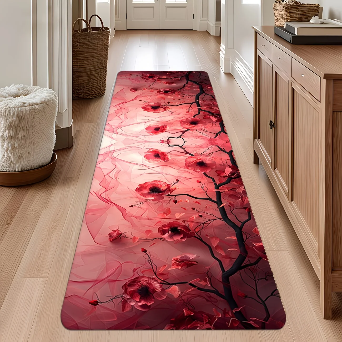 Rustic Wood Grain Family Quote Sunflower Print Floor Runner Non-Slip Decorative Hallway Pad for Cozy Home Living Room Area