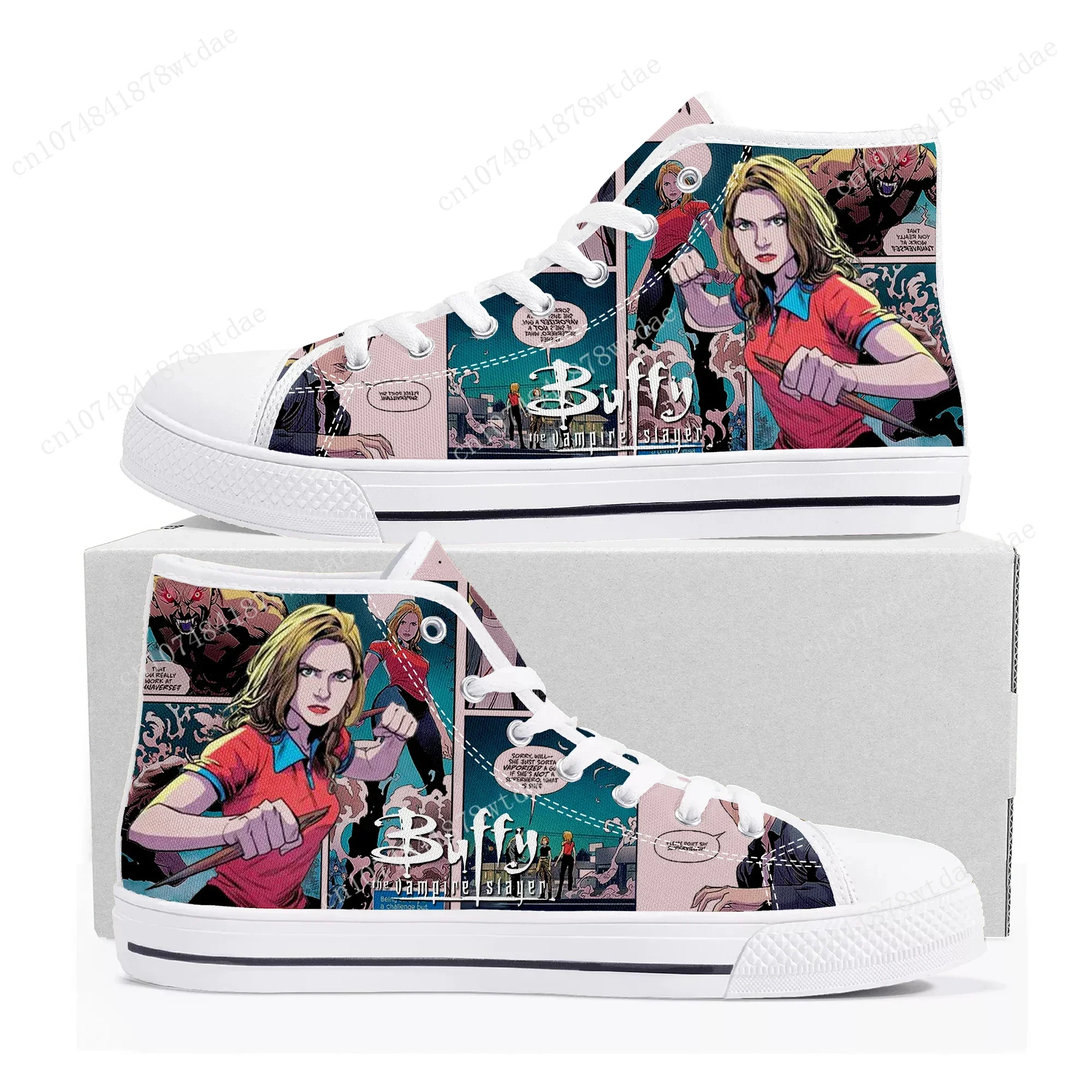 Buffy The Vampire Slayer Desenhos animados High Top Sneakers para homens e mulheres, tênis de lona adolescente, quadrinhos, sapatos personalizados, alta qualidade