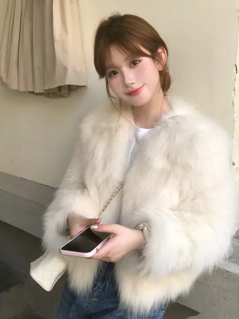 

Корейская короткая шуба с V-образным вырезом, женская модная верхняя одежда, куртка из экологически чистого синтетического меха, молодежный размер, зимнее пальто