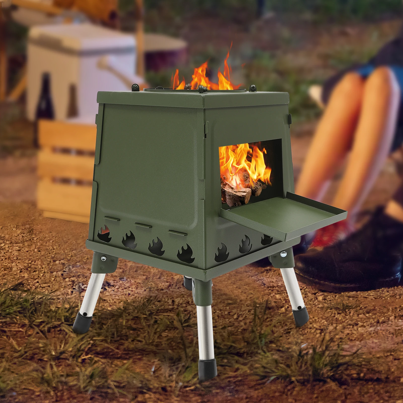 Bodenstehender Trapez-Mehrzweck-Holzofen aus Kohlenstoffstahl und Edelstahl, Zeltofen, 16 Belüftungsöffnungen für Camping, Rucksackreisen – Detail 4