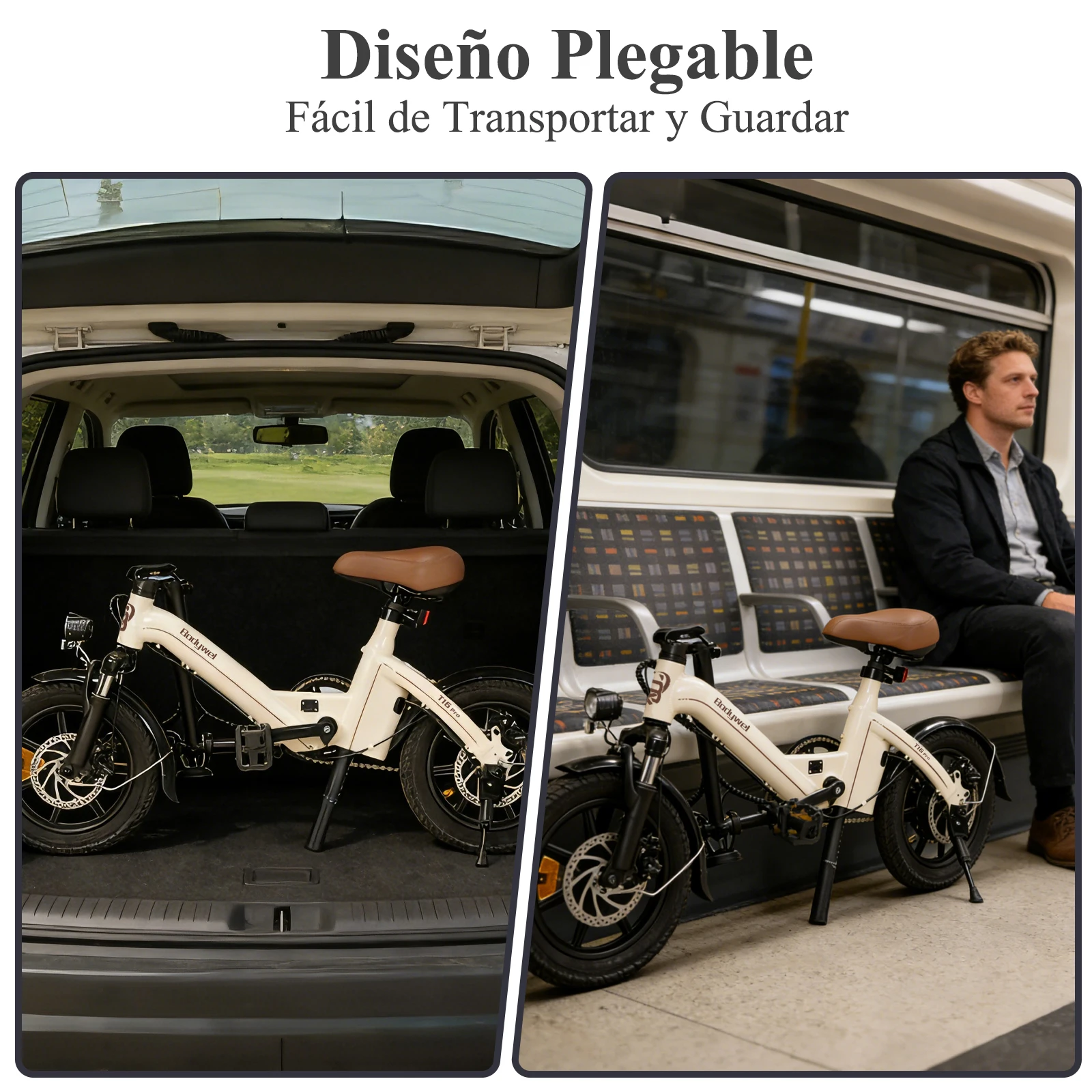 Bicicleta Eléctrica Plegable Bodywel T16pro, Mini Bicicleta Eléctrica de 14 Pulgadas, Motor de 36V 10AH 250W, Bicicleta Eléctrica Portátil para Adultos con Asistencia de Potencia, Stock en la UE