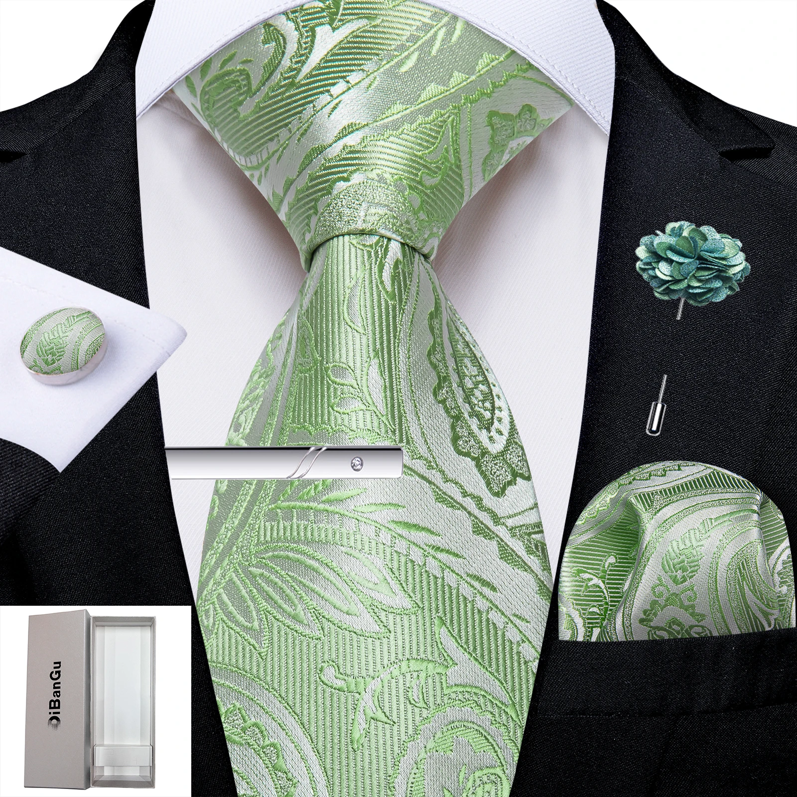 Green Men\'s Ties Luxury Floral Solid Silk Ties Business Formal 150cm Necktie Pocket Square Cufflink Suits Accessory