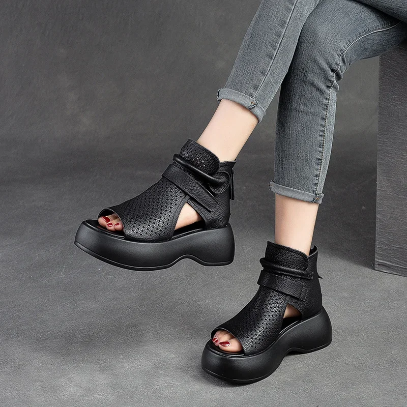 Summer New Hollow Breathable Hole Shoes Thick Sole  Genuine Leather Fish Mouth Hook & Loop Retro Comfortable Women Sandals