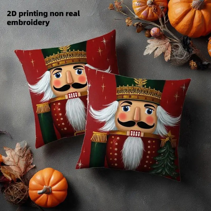 2pcs Red Golden Nutcracker Soldier Throw Pillow Covers 2D Printed Soft Cushion Cases with Zipper Closure