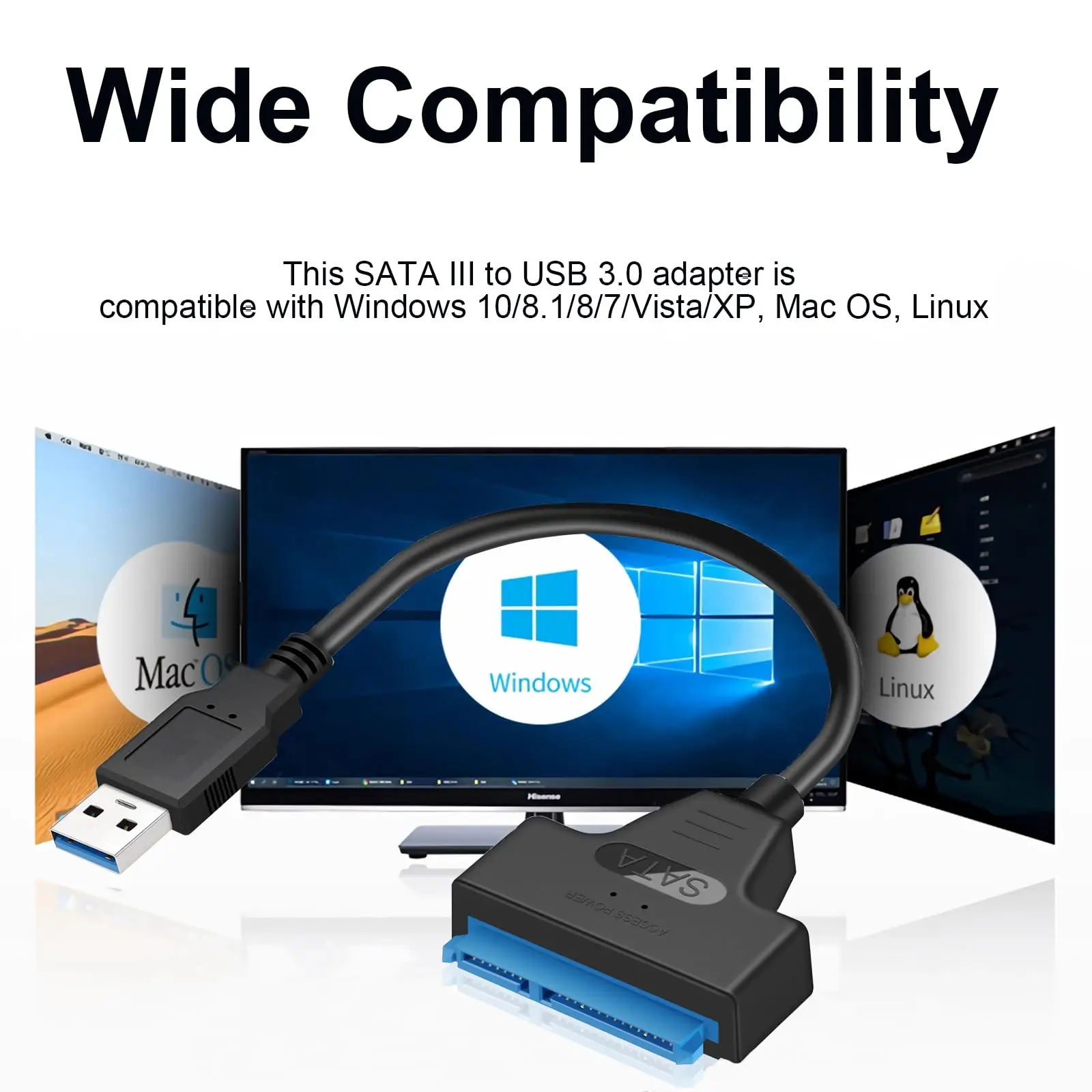 Cavo adattatore SATA a USB 3.0 per trasferimento dati HDD/SSD per disco rigido da 2,5 pollici, supporto convertitore per disco rigido esterno UASP (nero)