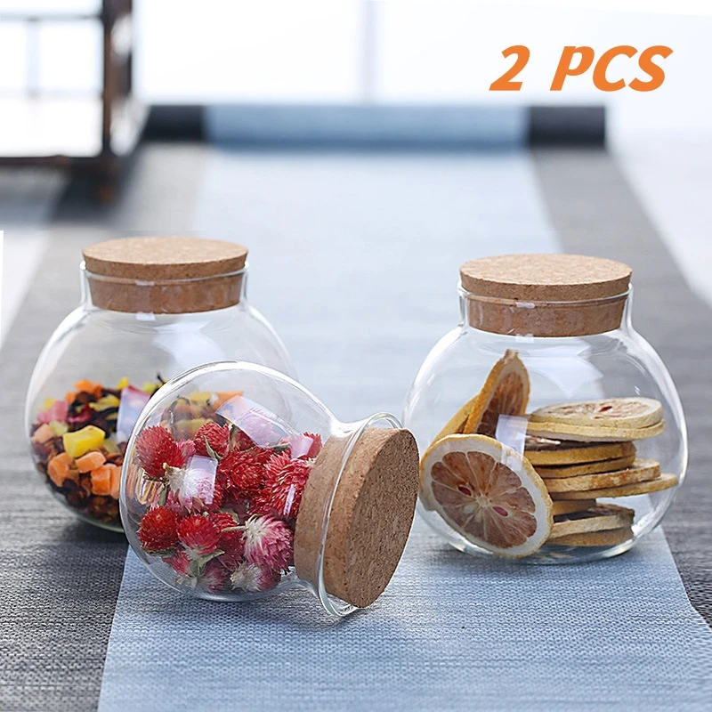 

2PCS Spherical Glass Food Storage Container with Cork Lids Large Capacity Sealed Glass Bottles Pot Jar for Kitchen Organizer