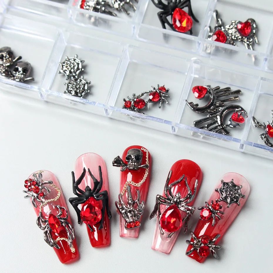 Halloween Spider Plated Red Rhinestone Metal Heart Bat Ghost Hand Claw Skull Alloy 3D Nail Art Decoration Mixed DIY Nail Supplie