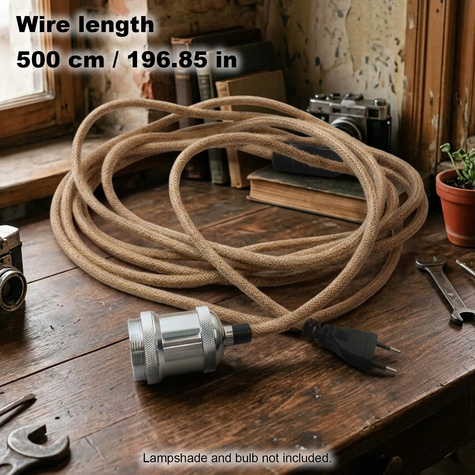 Plug-in Pendant Wire, Chrome Socket, Woven Textile Cord, Inline Switch, EU Plug, Retro, Cafe, Reading Nook