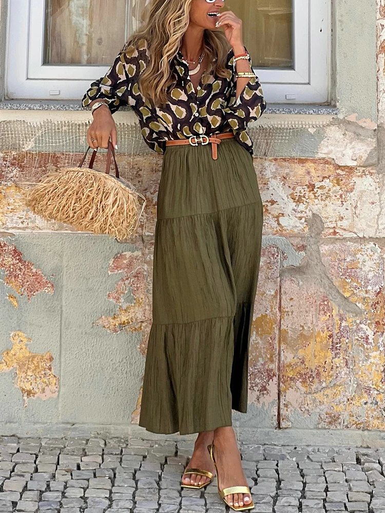 

Autumn women's casual style seven quarter sleeve polyester material 2025 new fashion stand up collar single breasted skirt set