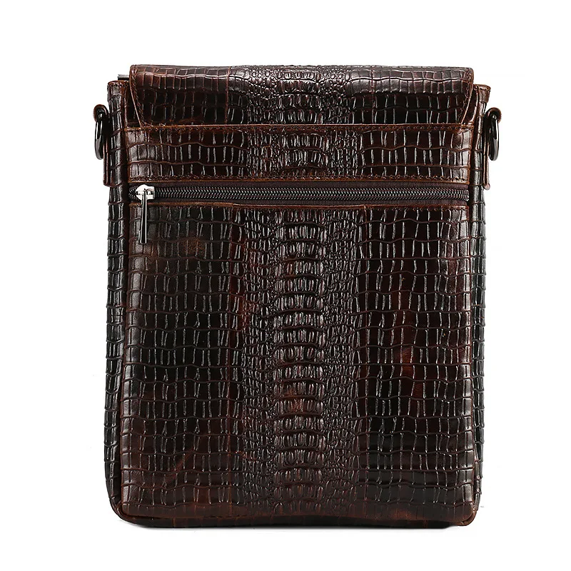 Leather men's bag with cover, oil wax leather embossed crocodile pattern, top grain cowhide crossbody shoulder bag