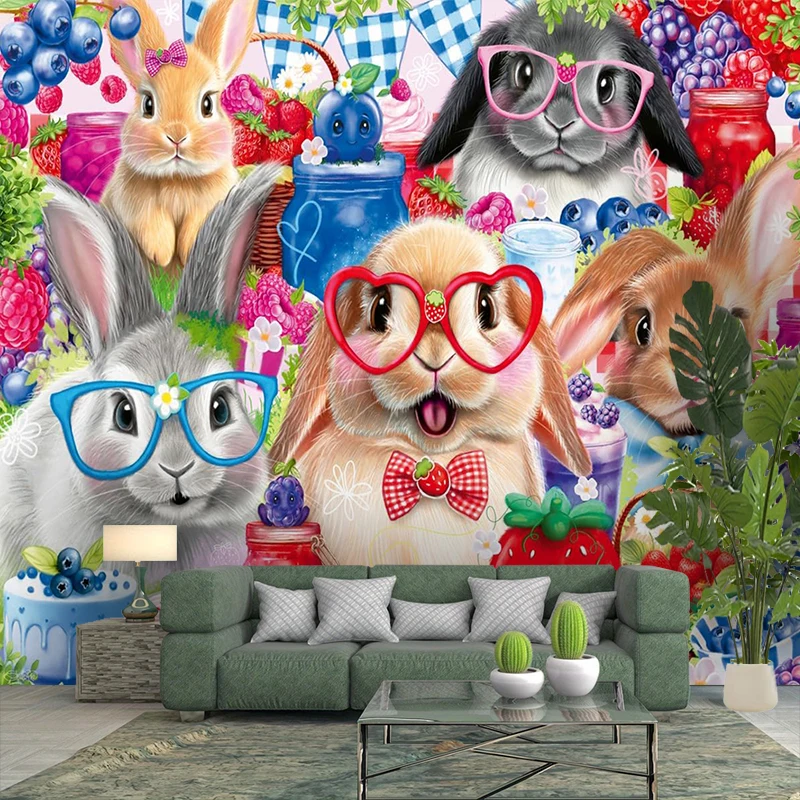 1PC Cartoon Bunny Berry Jam Art Print Backdrop Banner, Bedroom Living Room Photo Background, Polyester, Home Decor, Wall Art