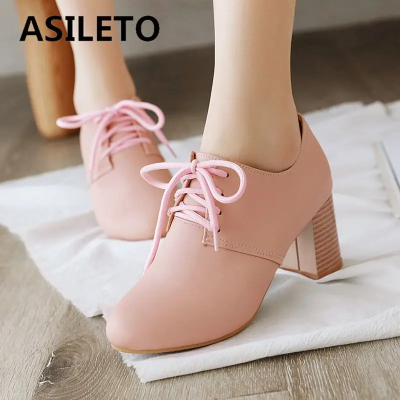

ASILETO 2025 Luxury Office Lady Pumps Round Toe Chunky High Heels 7cm Lace Up Plus Size 43 44 45 46 Classic Women Daily Shoes