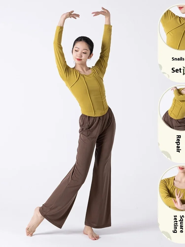 

2025 New Square Collar Slimming Design Threaded Modal Practice Long Sleeve Wide Leg Pants Dance Dress Set