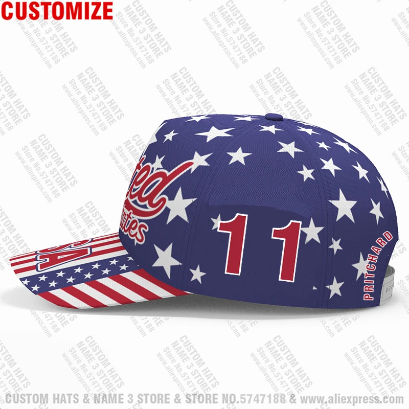 American Baseball Cap Custom Name Number Logo Team Pritchard Casual Hat Travel Us Flag 11 United States Print Photo Headgear