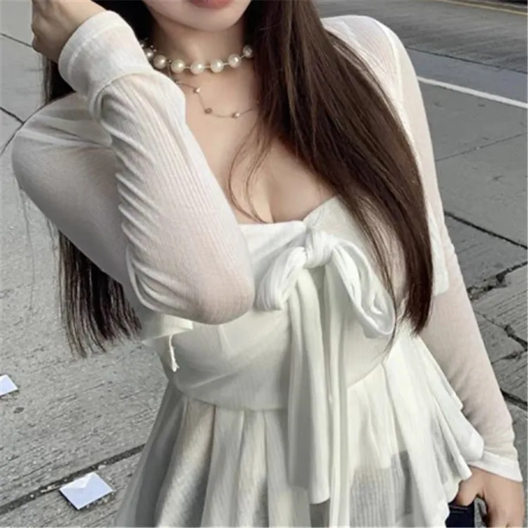 

Swee Girl, однотонная облегающая футболка с бантом на подтяжках + кардиган с длинными рукавами, комплект из двух предметов, топ для женщин