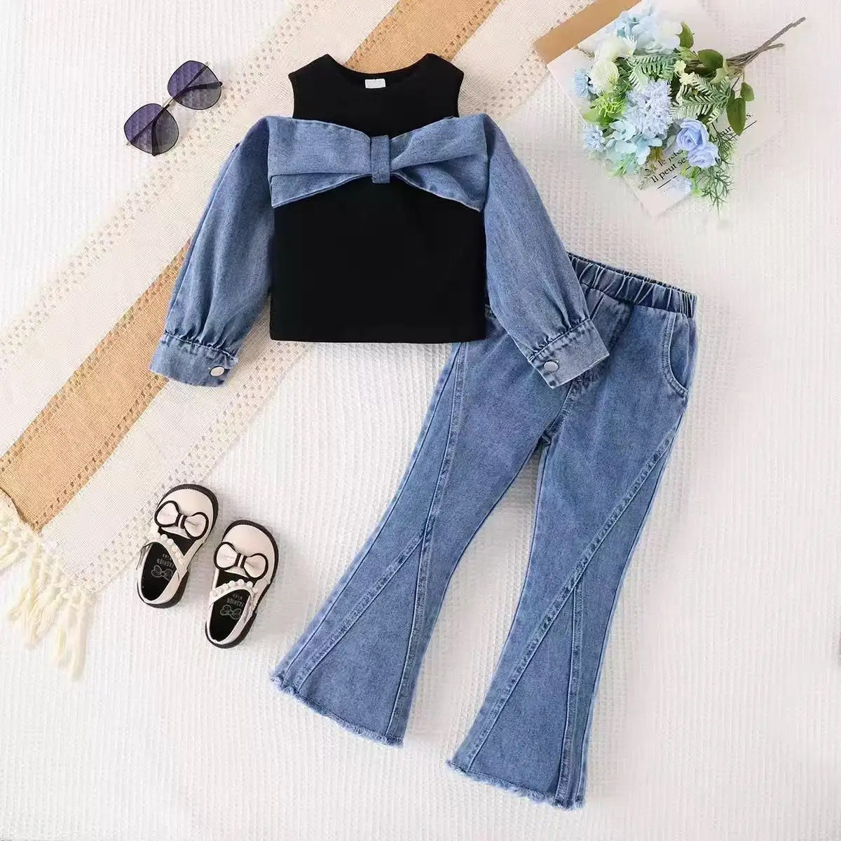 Personalized Girl Bow Denim Patchwork Long Sleeved Top+Micro Flared Pant 2PCS Fashion Korean Spring Autumn Set Kids 4-7Y Clothes