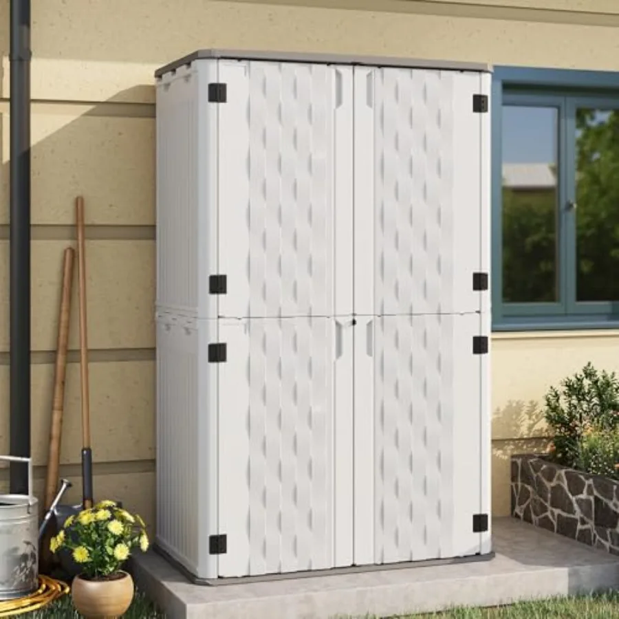Outdoor Storage Shed: Vertical Plastic Cabinet for Garden Use, Gray, Weather-Resistant Lockable Design
