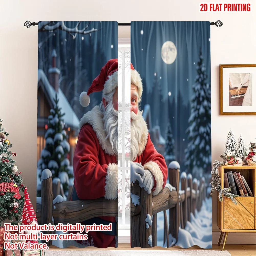 

2pcs 2D flat printing Christmas Curtain Santa Claus Winter Village Christmas Polyester Fabric Without Electricity Party