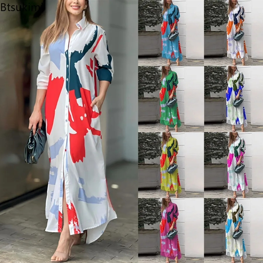 

2024 Spring Summer New Women's Long-sleeved Shirt Dress Vintage Print Loose Casual Temperament Maxi Dress Women Trend Streetwear