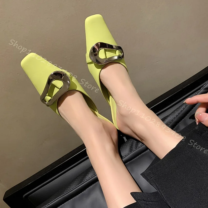 

Metal Decor Slingback Slippers Shallow Kitten Heel Square Toe Solid Women Summer Elegant Dress Shoes 2023 Zapatos Para Mujere