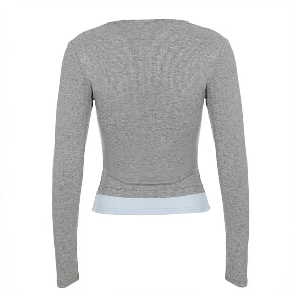 Trendy Long Sleeve Knitted T Shirt Women Slim Fit V Neck Button Decoration Patchwork Style Casual Fashion Daily Top