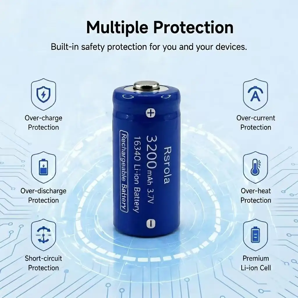 3.7V 16340 Li-ion Rechargeable Battery 3200mAh with USB Charger, Protected Circuit for LED Flashlight, Headlamp, Laser, Toys