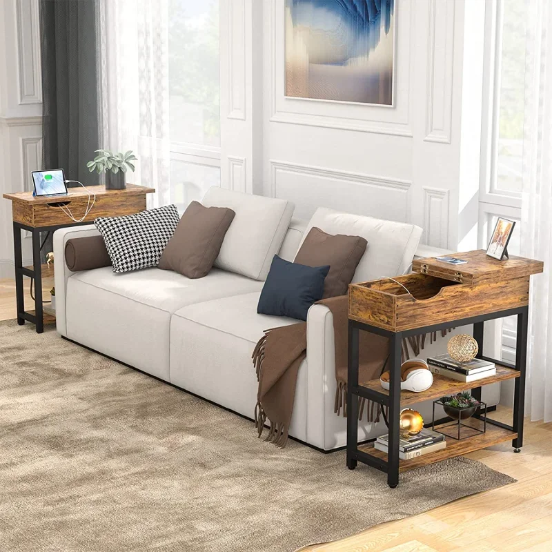 

'Side Table with USB Ports and Outlets Narrow End Table with Charging Station Bedside Nightstand with Storage Shelves