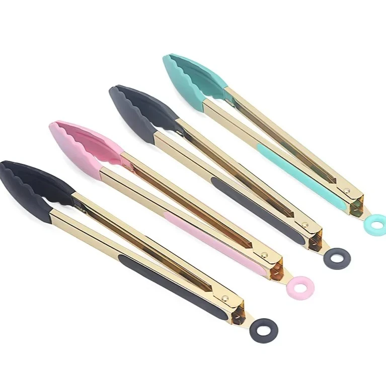 9 Inch 12 Inch BBQ Kitchen Utensils Nutcracker Home Goods Gold Plated High Temperature Resistant Non-Slip Silicone Food Tongs