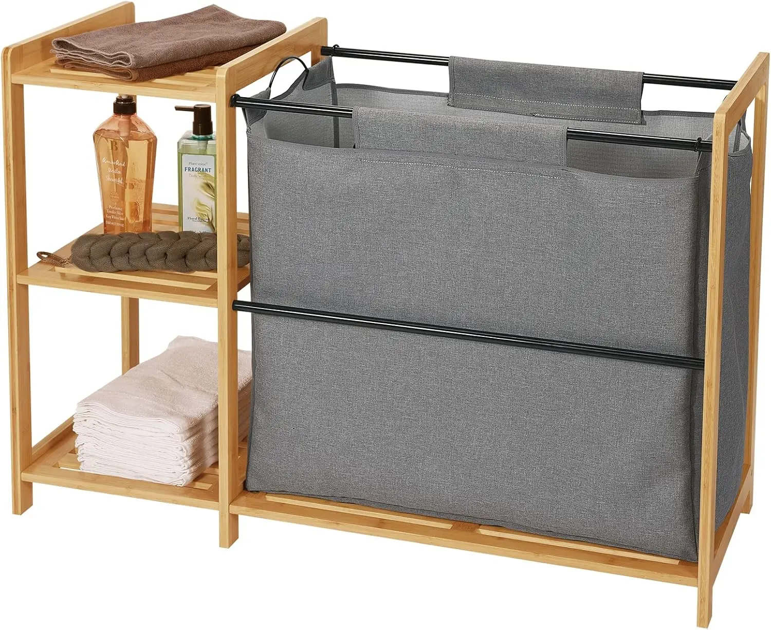 

Bamboo Laundry Hamper With Shelves Freestanding Laundry Hamper Basket Table With Removable Sliding Bags Bamboo Storage Laundry