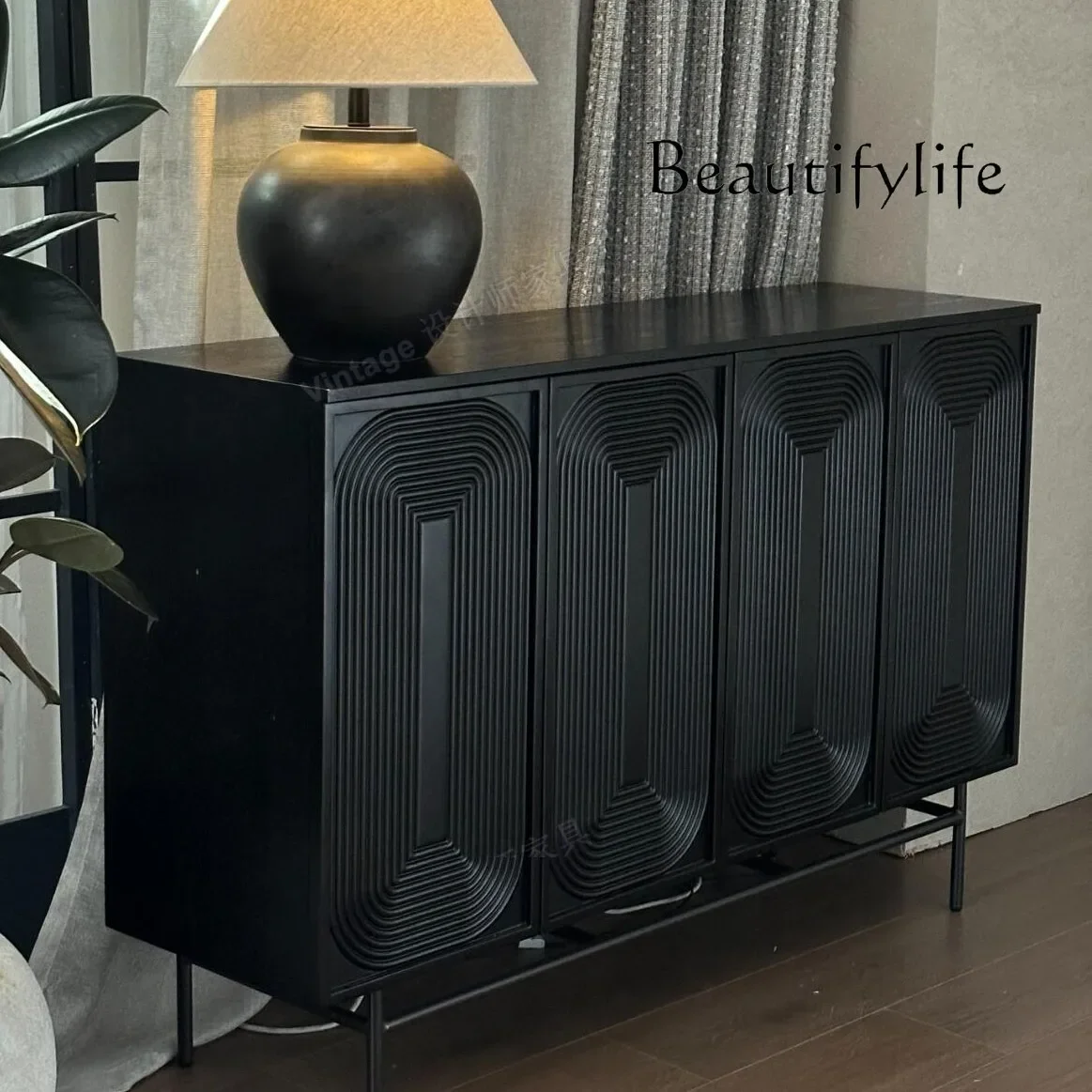 

XR Black Side Cabinet Solid Wood Entry Entrance Cabinet Living Room Household Wall Storage Living Room Side Cabinet Villa Room