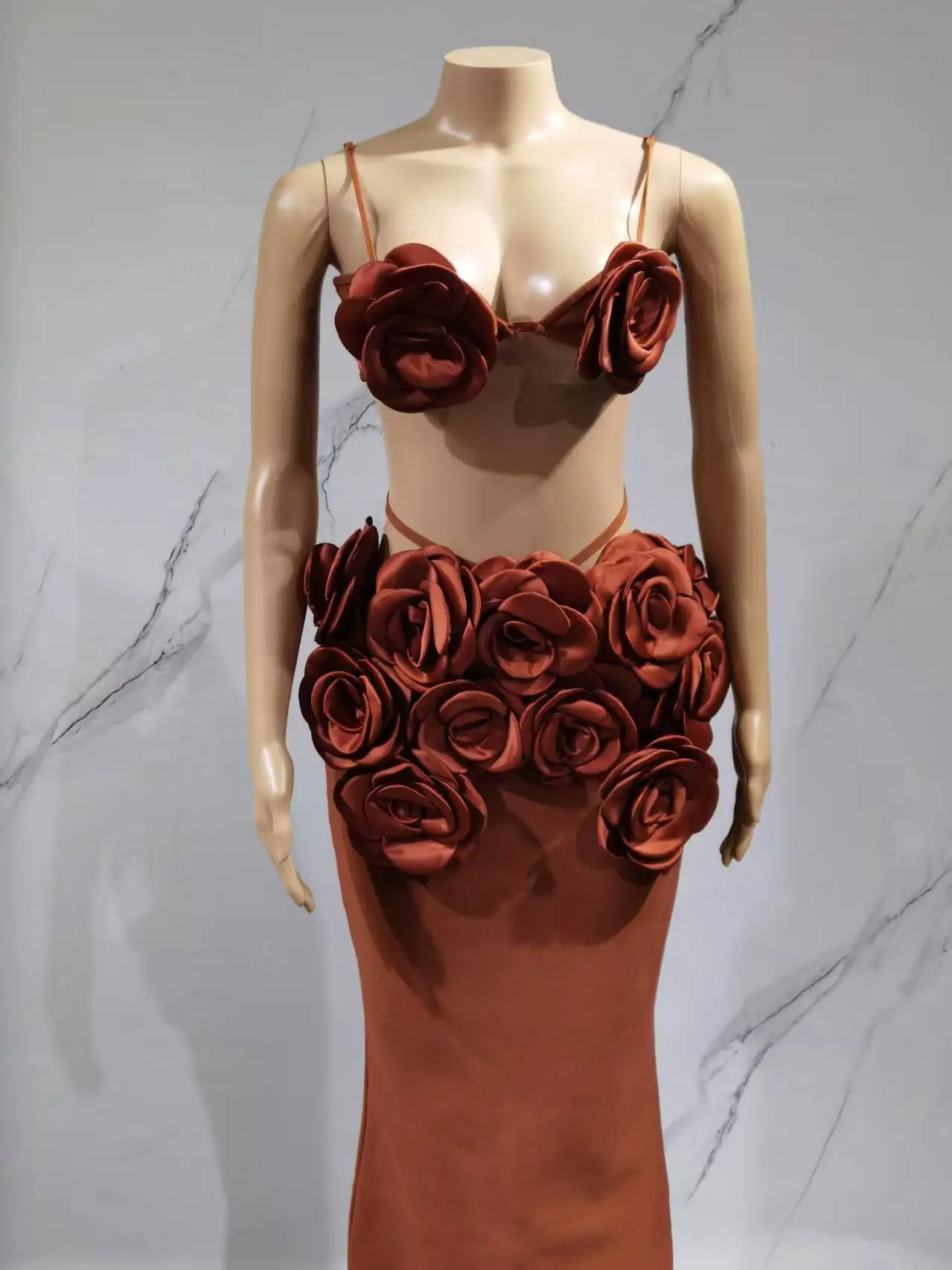 

Brown Color Women Sexy Strap Florals Bandage Tops 2 Pieces Bodycon Long Dress Nightclub Party Celebrate Photo Shoot Wear