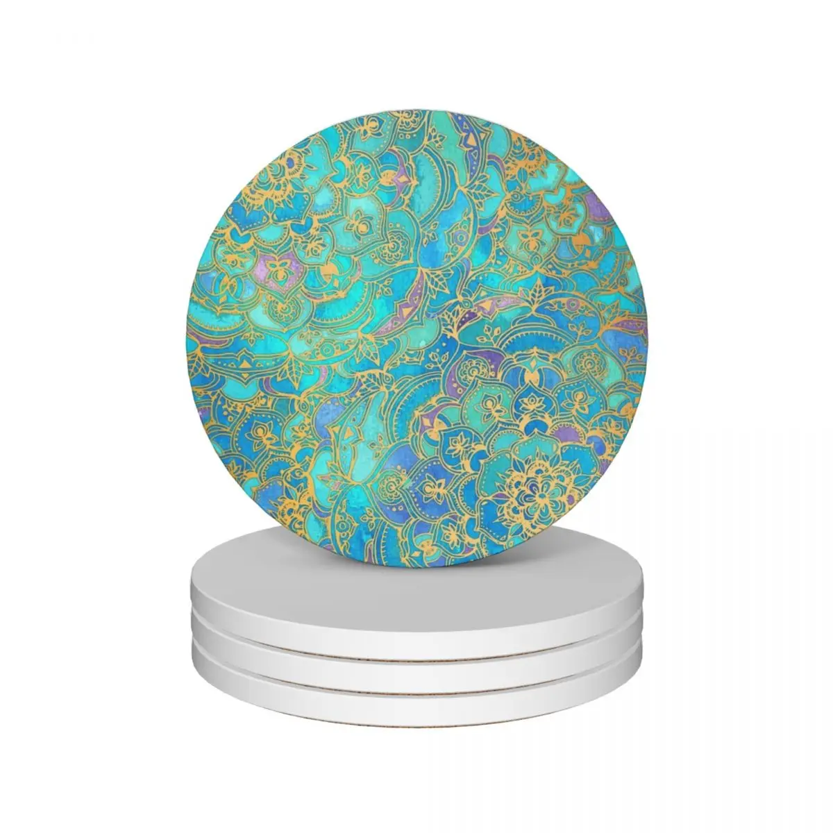 

Sapphire & Jade Stained Glass Mandalas Ceramic Coasters (Set of 4) for table mug set Coasters