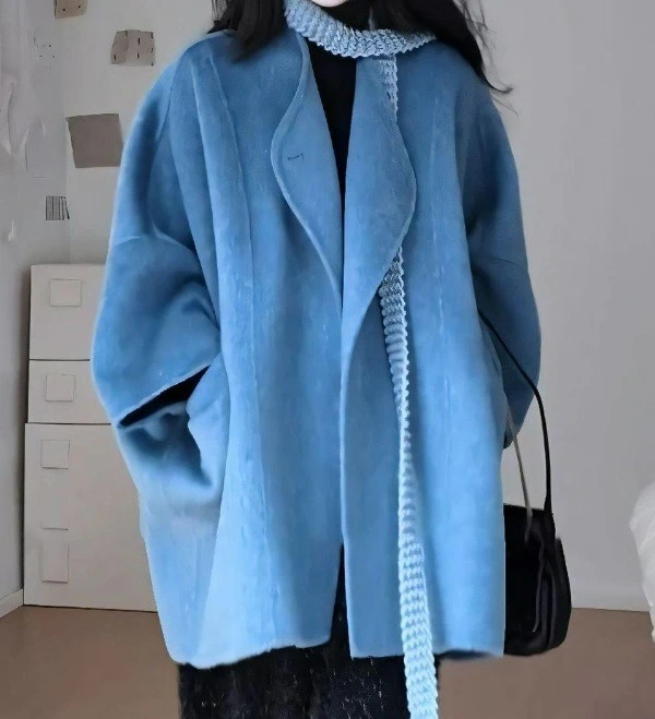 Autumn and Winter Double-sided Woolen Coat Women's New Temperament High Sense Loose Blue Thin Woolen Coat
