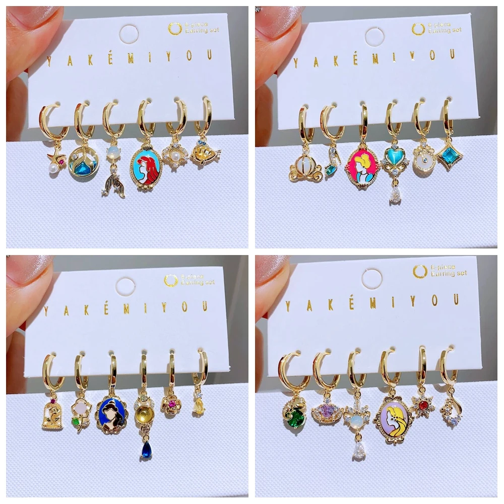 MIGGA 6pcs Lovely Fairy Tales Princess Pendant Dangle Earrings Set Gold Plated Cubic Zircon Women Jewelry