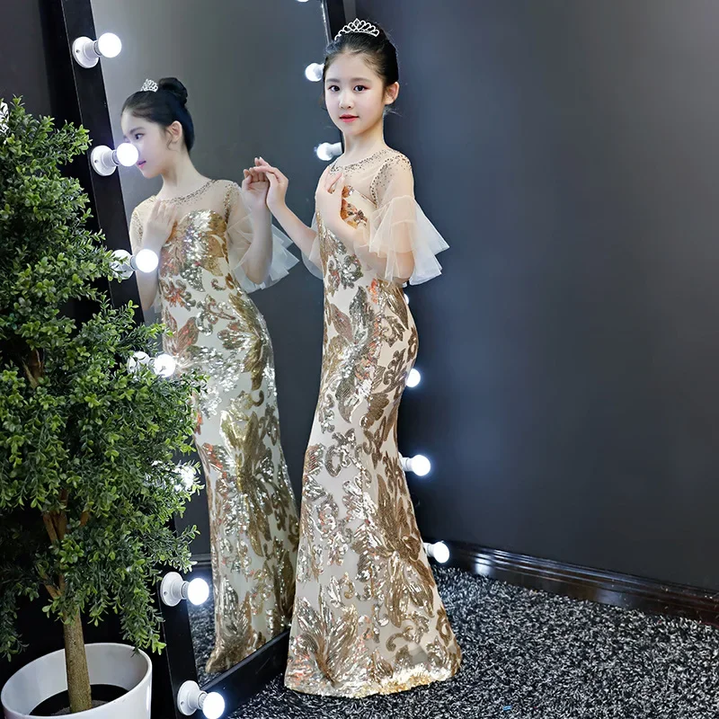 Golden Kid Luxury Sequined Evening Dress Children Girl Bodycon Trumpet Elegant Mermaid Wedding Party Cocktail Birthday Dresses