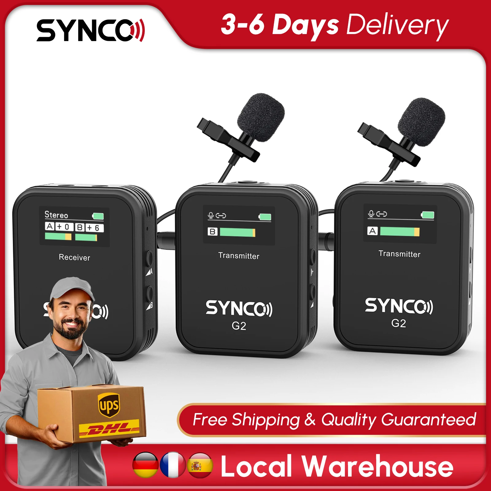 【STOCK UE】SYNCO G2(A2) Microphone cravate double sans fil 2.4G 48KHz 24Bit HD 200M 8H pour appareil photo, téléphone et vlog
