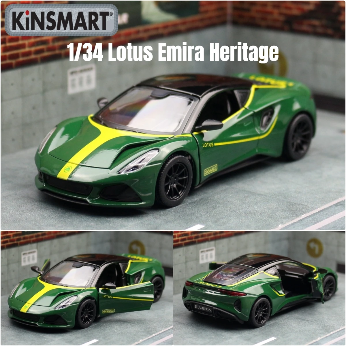 KiNSMART Toy Car Model 1/34 Lotus Emira Rally Racing Diecast Alloy Miniature Pull Back Vehicle Collection Gift For Children Boy